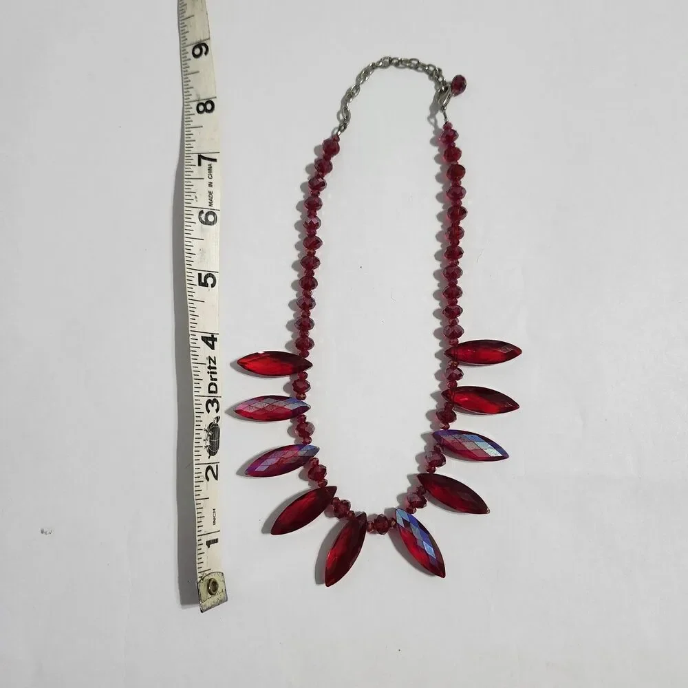 Faceted Acrylic Beaded Shiny Iridescent Statement Necklace Adjustable Red